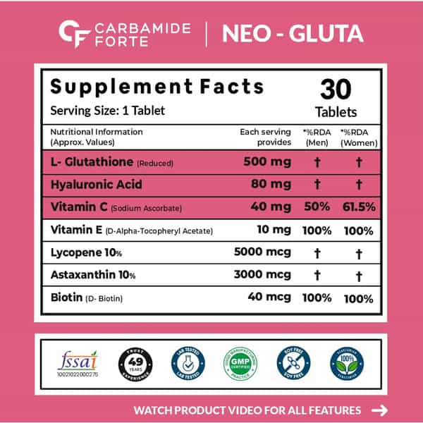 Carbamide Forte L Glutathione Reduced + Vitamin C+ Hyaluronic Acid & Vitamin E & Biotin 30 Tablets