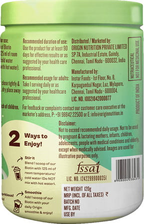 Origin Nutrition 100% Natural Vegan Plant Biotin Powder For Stronger Hair Nail 15 Servings 120g