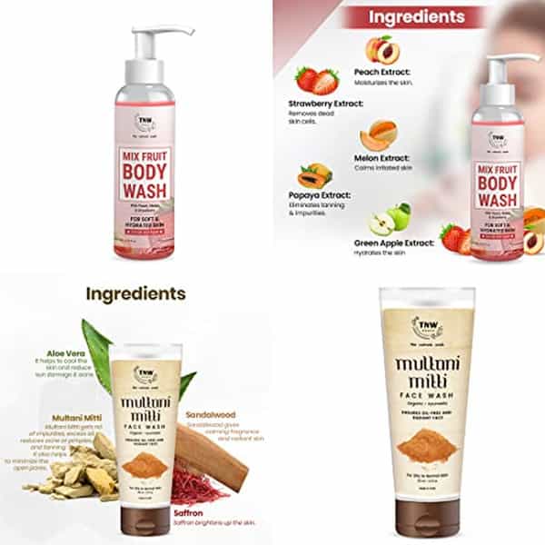 Tnw The Natural Wash Mix Fruit Body Wash And Multani Mitti Face Wash For Gentle Cleansing