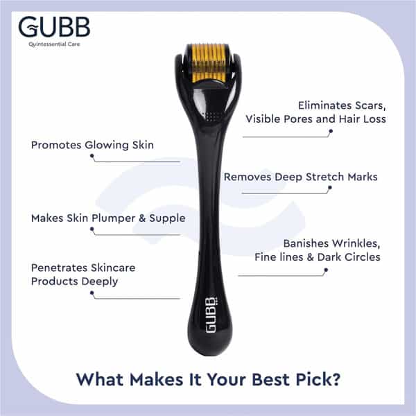 Gubb Derma Roller 0.5Mm For Hair Regrowth Face Acne Scars & Skin Aging 540 Micro Needles - Golden