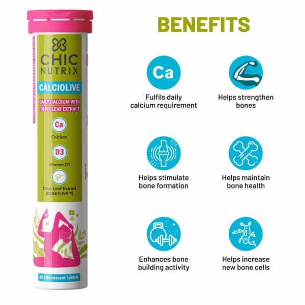 Chicnutrix Calciolive - Daily Calcium With Olive Leaf Extract- 20 Effervescent Tabs Strawberry