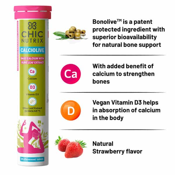 Chicnutrix Calciolive - Daily Calcium With Olive Leaf Extract- 20 Effervescent Tabs Strawberry