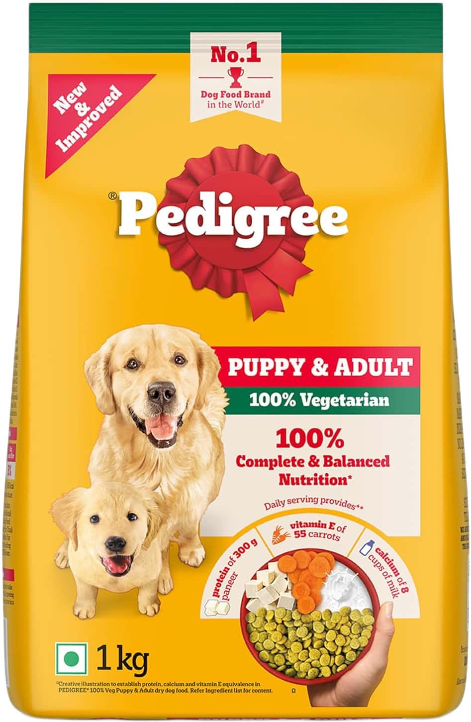 Pedigree Adult & Puppy Dry Dog Food | 100% Vegetarian | 1 Kg | Contains 37 Essential Nutrients
