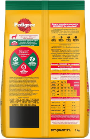 Pedigree Adult & Puppy Dry Dog Food | 100% Vegetarian | 1 Kg | Contains 37 Essential Nutrients