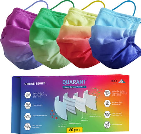 Quarant 4 Ply Designer Protective Surgical Face Mask With Nose Pin Ombre Combo - Pack Of 80