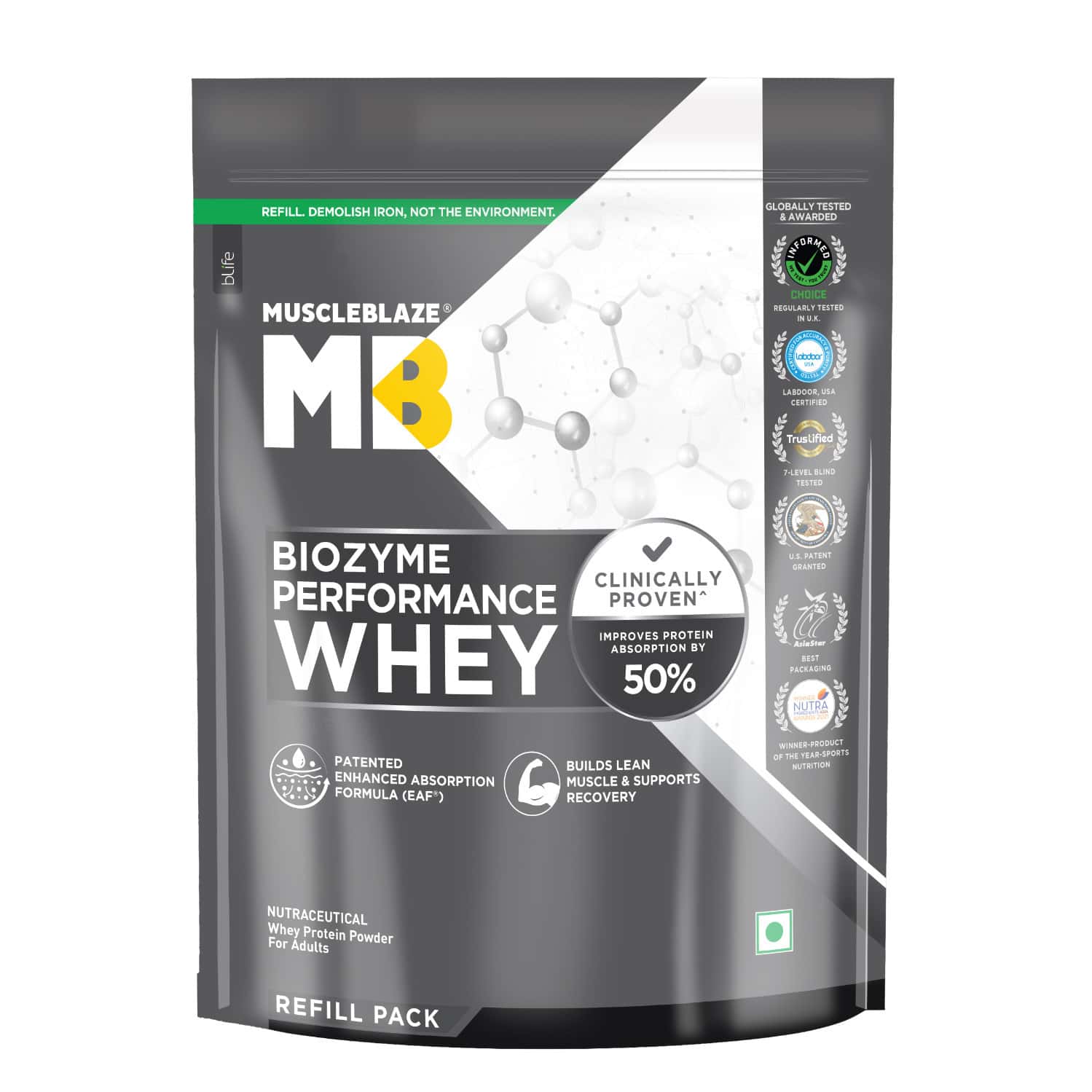 Muscleblaze Biozyme Performance Whey Protein Powder | Unflavoured (1kg Refill Pack) | 25g Protein