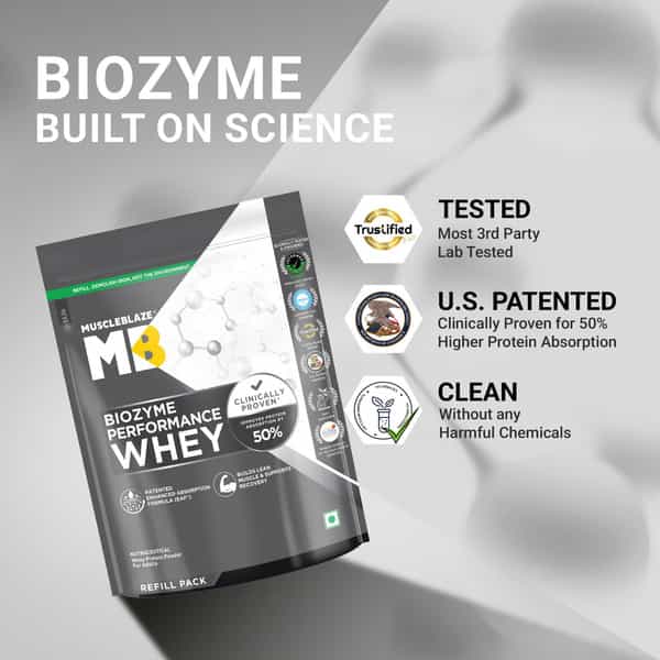 Muscleblaze Biozyme Performance Whey Protein Powder | Unflavoured (1Kg Refill Pack) | 25G Protein