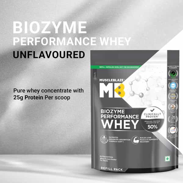 Muscleblaze Biozyme Performance Whey Protein Powder | Unflavoured (1Kg Refill Pack) | 25G Protein