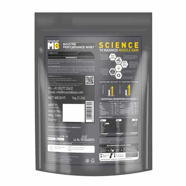 Muscleblaze Biozyme Performance Whey Protein Powder | Unflavoured (1Kg Refill Pack) | 25G Protein