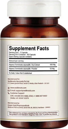 Vedikroots Arjuna 60 Capsules 450 Mg 100% Organic | Terminalia Arjuna | For Healthy Heart