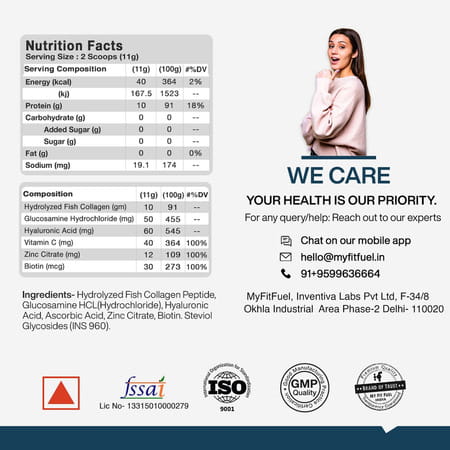 Myfitfuel Hydrolyzed Marine Collagen +Glucosamine | Hyaluronic | Biotin | Vitamin C (400Gm | Orange)