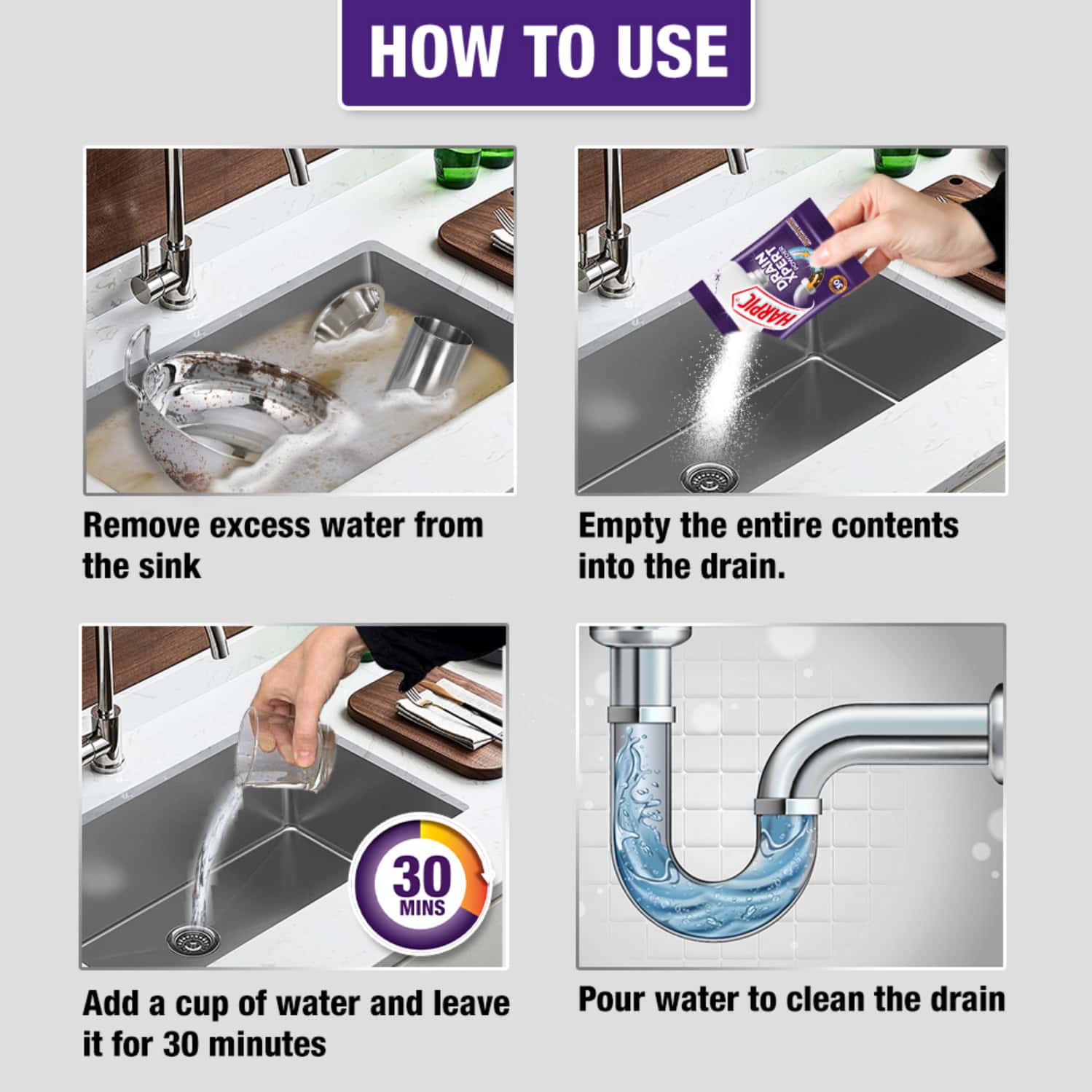 Buy HARPIC DRAIN XPERT DRAIN CLEANING POWDER (50G X 8) Online & Get