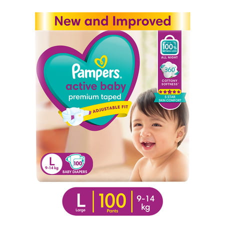 Pampers Active Baby Tape Style Large (l) 9-14 Kg Baby Diapers 100 No's