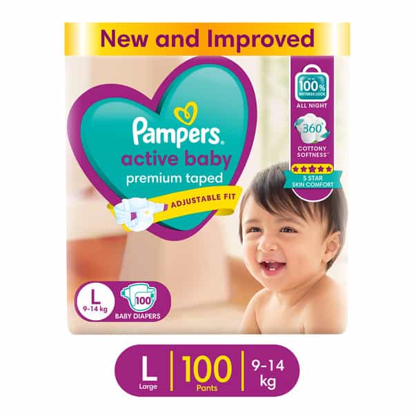 Pampers Active Baby Tape Style Large (L) 9-14 Kg Baby Diapers 100 No's