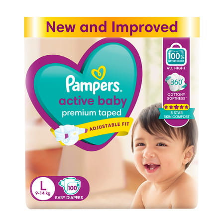 Pampers Active Baby Tape Style Large (L) 9-14 Kg Baby Diapers 100 No'S