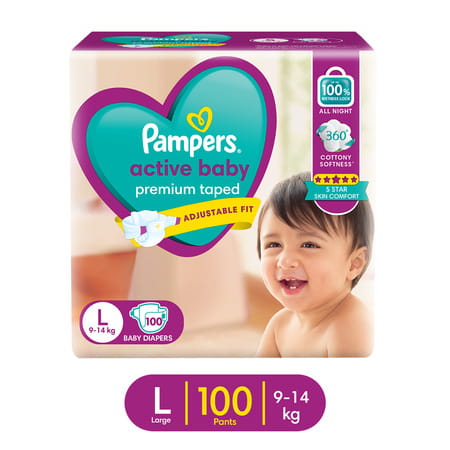 Pampers Active Baby Tape Style Large (L) 9-14 Kg Baby Diapers 100 No'S
