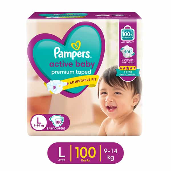 Pampers Active Baby Tape Style Large (L) 9-14 Kg Baby Diapers 100 No's