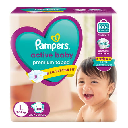Pampers Active Baby Tape Style Large (L) 9-14 Kg Baby Diapers 100 No'S
