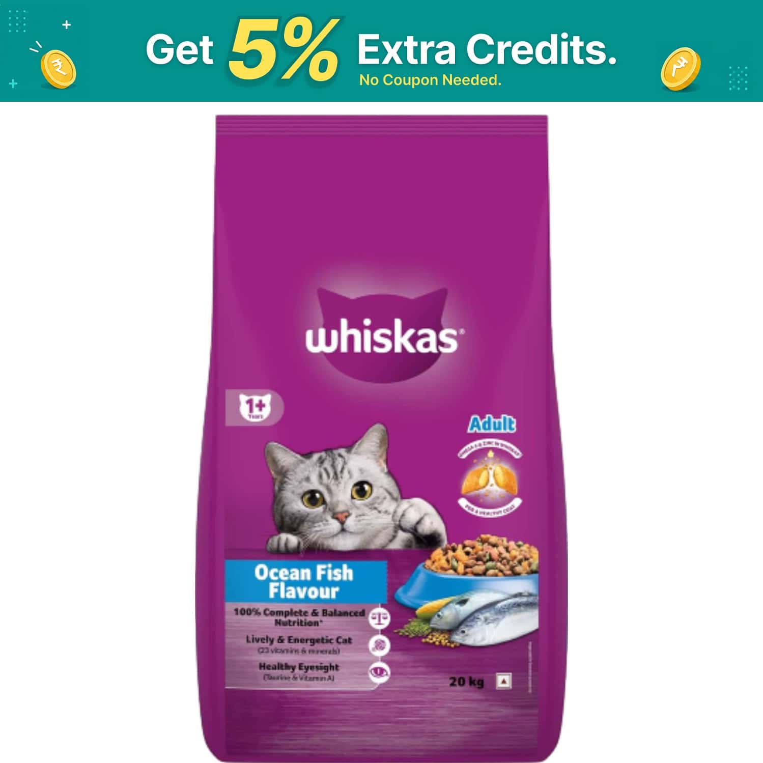 Whiskas Adult (1+ Years) Dry Cat Food | Ocean Fish Flavour | 20 Kg