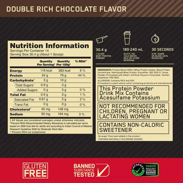 Optimum Nutrition (On) Gold Standard 100% Whey Protein Double Rich Chocolate Flavour 454Gm Powder