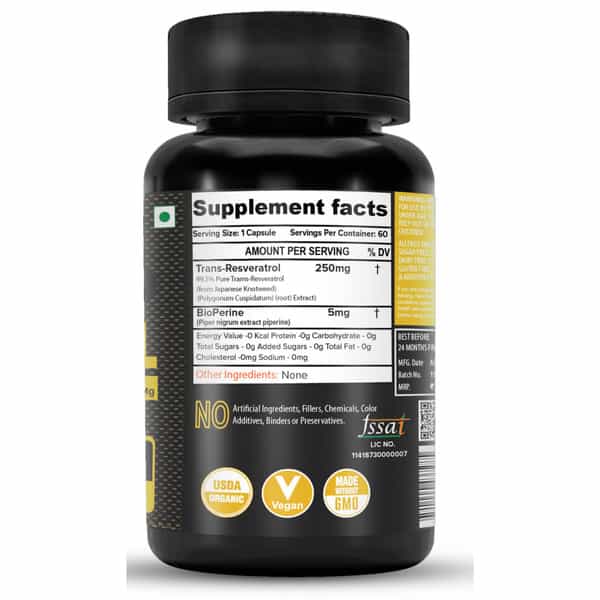 Nutrija Trans Resveratrol 250Mg Capsules - 99.5% Pure Micronized And Highly Bioavailable (60N)