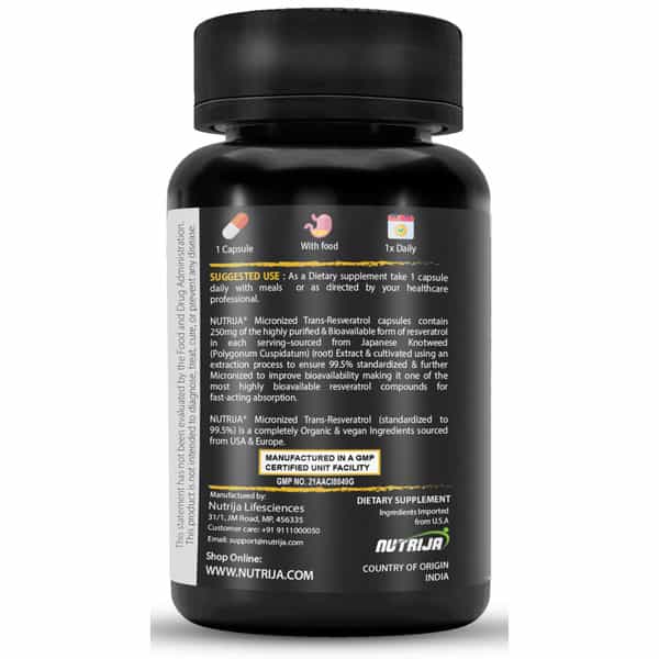 Nutrija Trans Resveratrol 250Mg Capsules - 99.5% Pure Micronized And Highly Bioavailable (60N)
