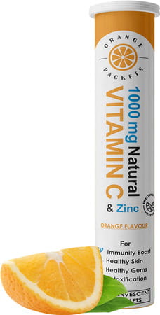 Orange Packets Natural Vitamin C 1000mg & Zinc For Immunity Skin -15 Effervescent Tablets -Orange