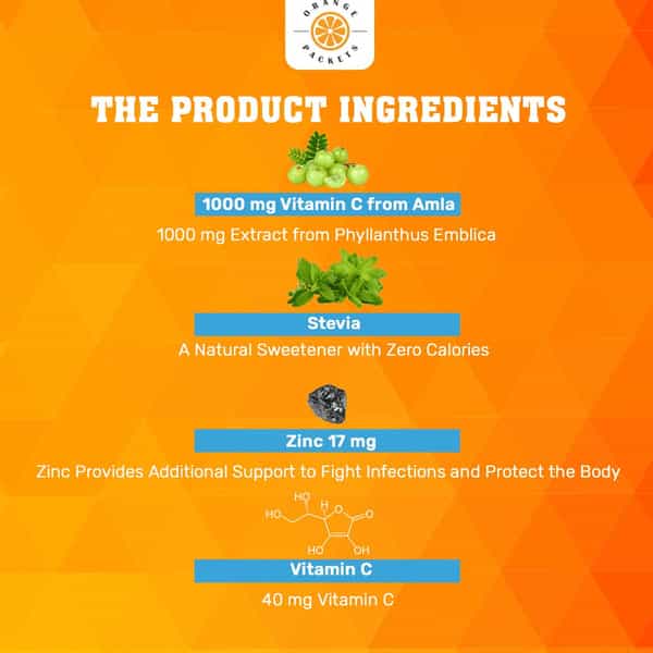 Orange Packets Natural Vitamin C 1000Mg & Zinc For Immunity Skin -15 Effervescent Tablets -Orange