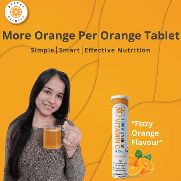 Orange Packets Natural Vitamin C 1000Mg & Zinc For Immunity Skin -15 Effervescent Tablets -Orange
