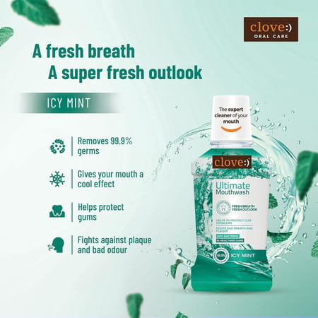 Clove Ultimate Cool Mint Antibacterial Mouthwash | Kills 99.0% Germs & Prevents Bad Breath | 250ml