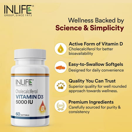 Inlife Vitamin D3 5000 Iu Cholecalciferol | For Men & Women | Immunity & Bone Health | 60 Softgels