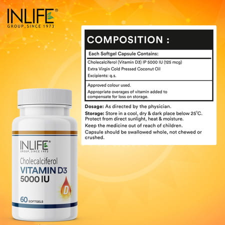 Inlife Vitamin D3 5000 Iu Cholecalciferol | For Men & Women | Immunity & Bone Health | 60 Softgels