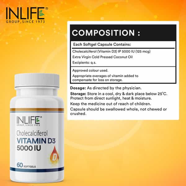 Inlife Vitamin D3 5000 Iu Cholecalciferol | For Men & Women | Immunity & Bone Health | 60 Softgels