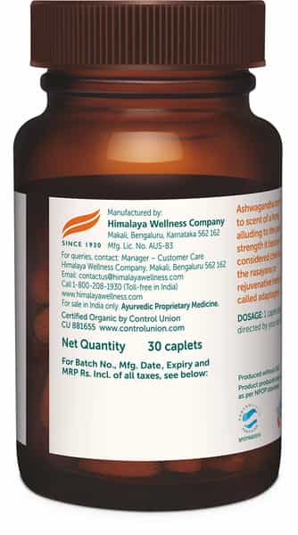 Himalaya Organic Ashwagandha | Release Stress & Boosts Energy | Bottle | Caplets | 30 No's