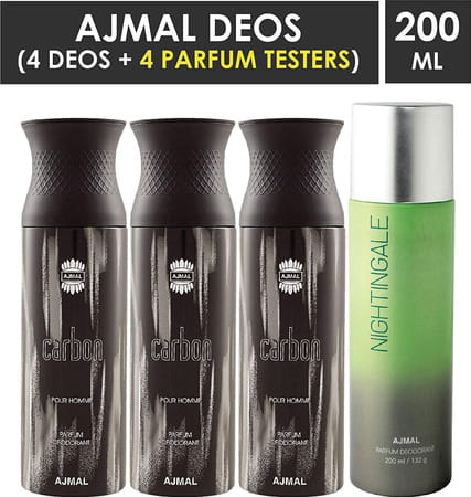 Ajmal 3 Carbon For Men And 1 Nightingale For Men & Women Deodorants Each 200ml Combo Pack Of 4