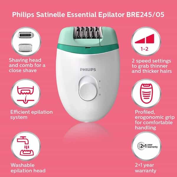 Philips Bre245/00 Satinelle Essential Corded Compact Epilator With Shaving Head And Comb