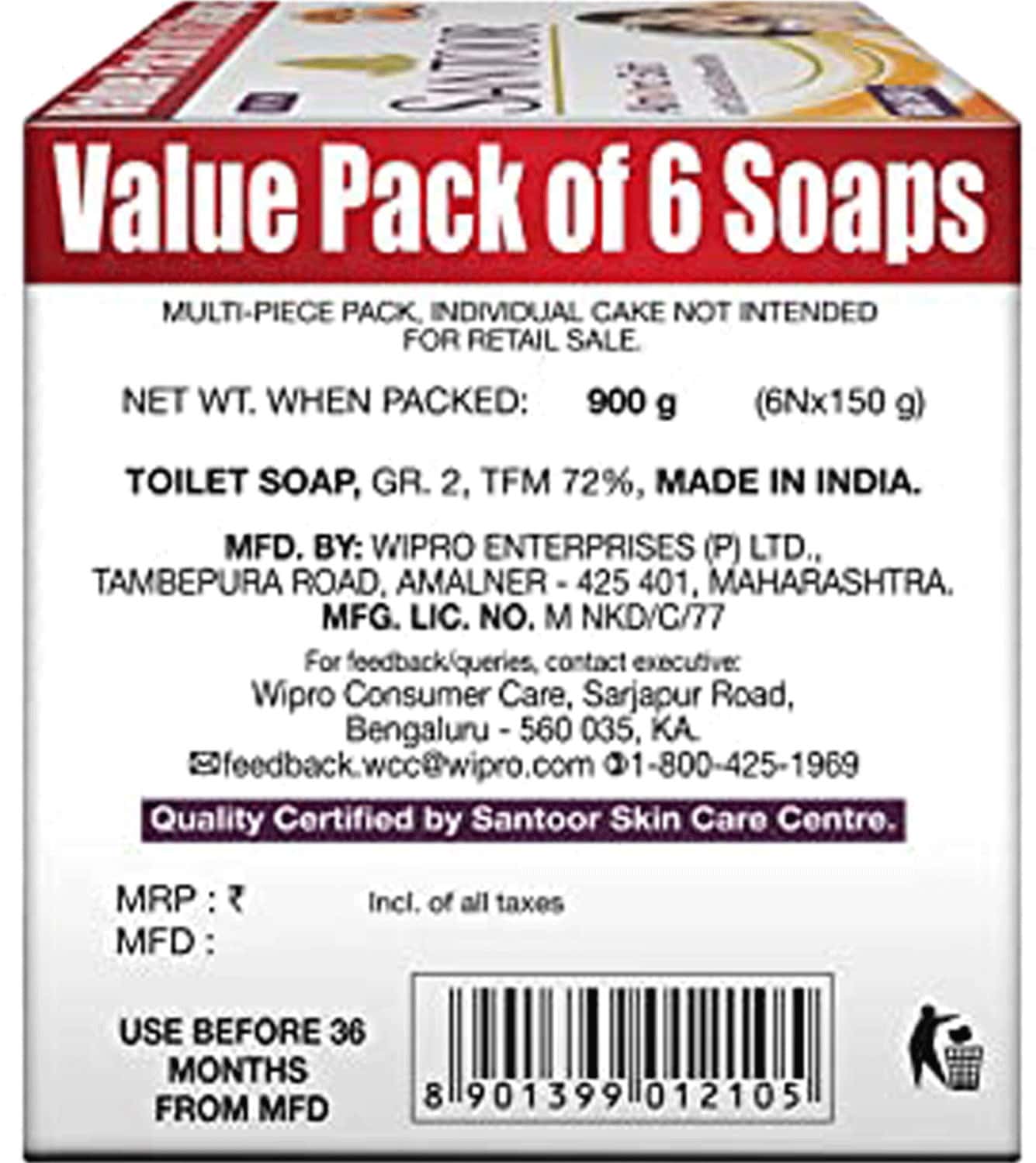 Buy SANTOOR SANDAL AND ALMOND MILK SOAP (PACK OF 6 150G EACH) Online