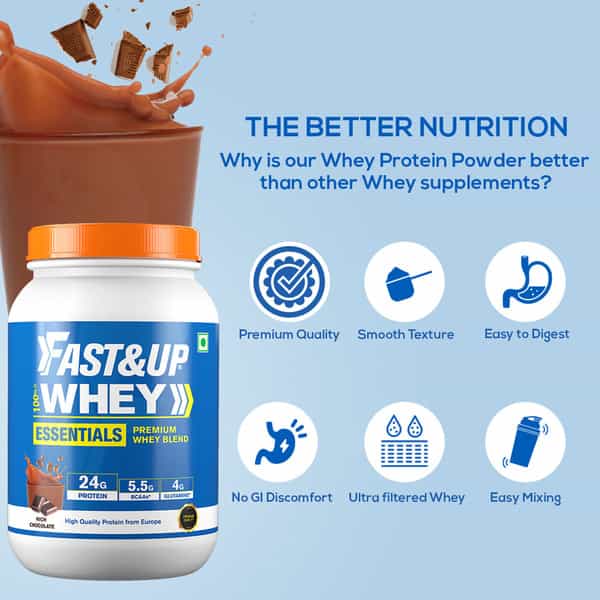 Fast&Up Whey Essentials 2.1 Lb Grass Fed Whey Powder From Europe - 30 Servings (Rich Chocolate)