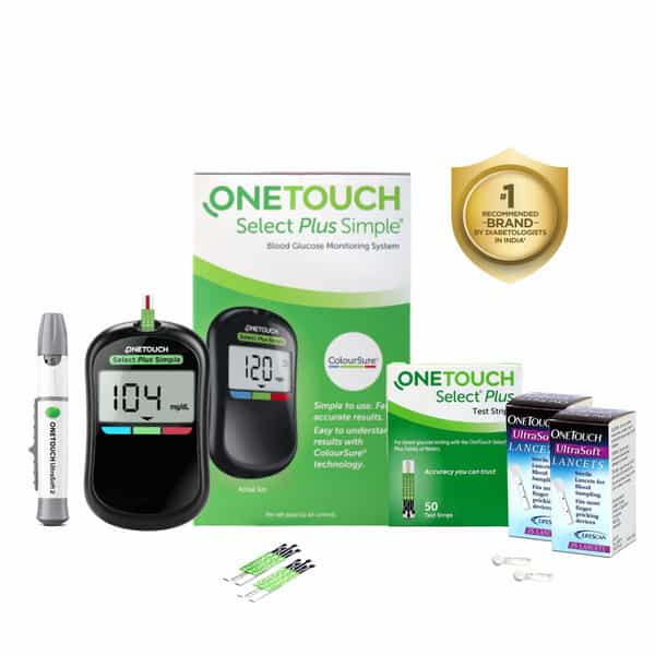 Onetouch Select Plus Simple Glucometer Combo With 50 Test Strips & 60 Ultrasoft Lancets