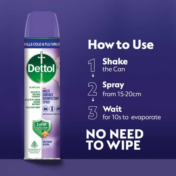 Dettol Multi-Surface Disinfectant Sanitizer Spray Bottle|24 Hours Protection (Orchard Bloom | 225Ml)