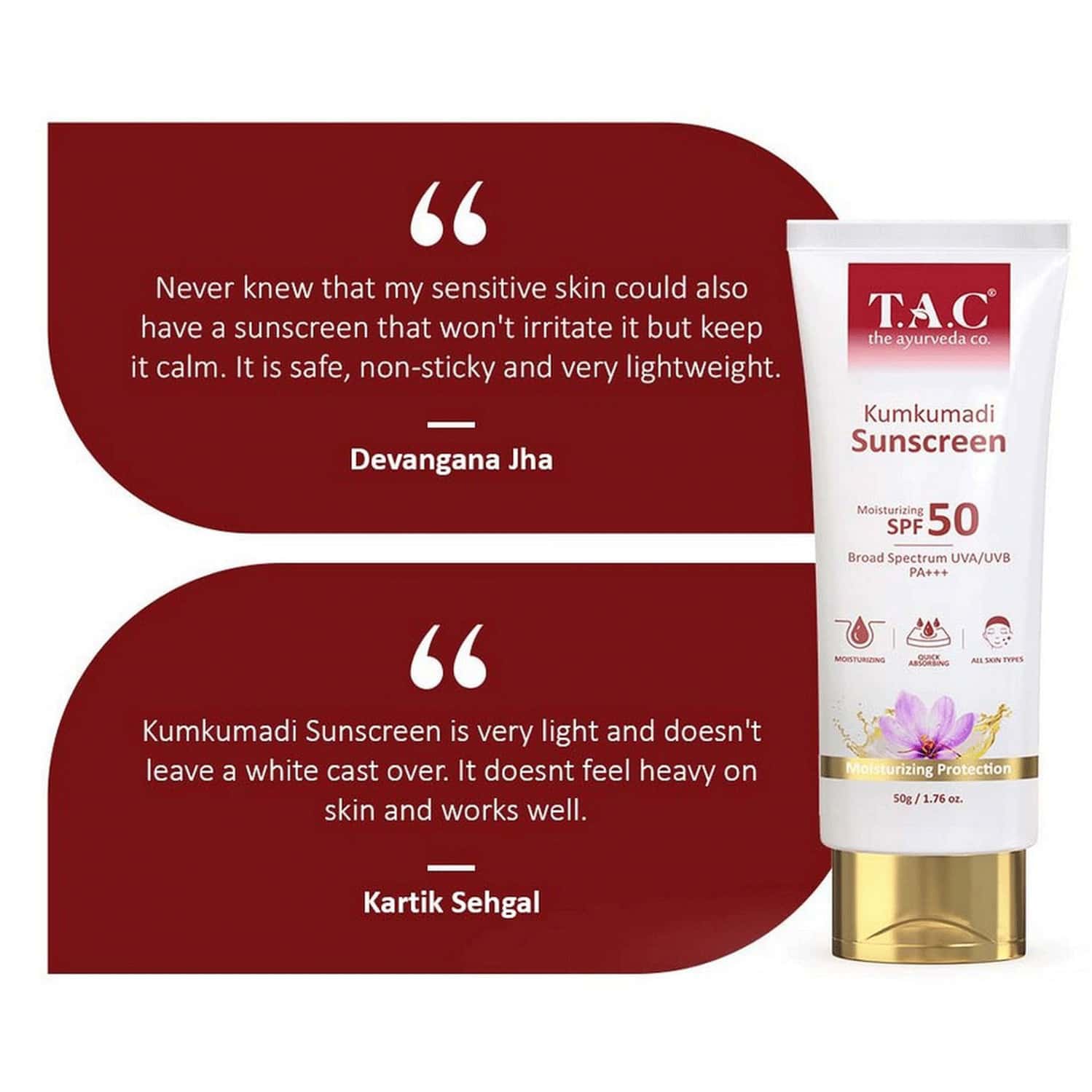 Buy TAC THE AYURVEDA CO. KUMKUMADI SUNSCREEN MOISTURIZING WITH SPF 50 UVA/UVB PA+++ 50GM