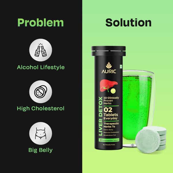 Auric Liver Detox Supplement | 40 Tablets Fizzy Water | 10 Ayurvedic Herbs | Clinically Researched