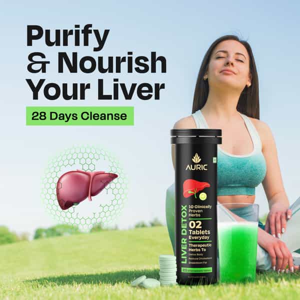 Auric Liver Detox Supplement | 40 Tablets Fizzy Water | 10 Ayurvedic Herbs | Clinically Researched