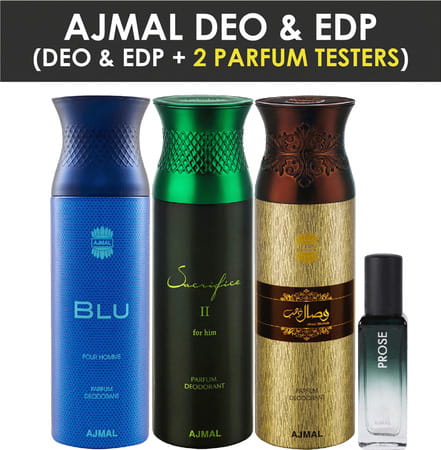 Ajmal Blu & Sacrifice | Wisal Dahab Deo Each 200ml & Prose Edp 20ml Pack Of 4 For Unisex+ 2 Parfum