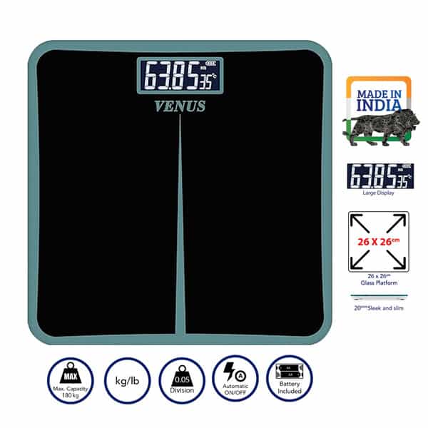 Venus (India) Electronic Digital Personal Bathroom Weight Machine | Upto 180Kg | Eps-8199-New-Black