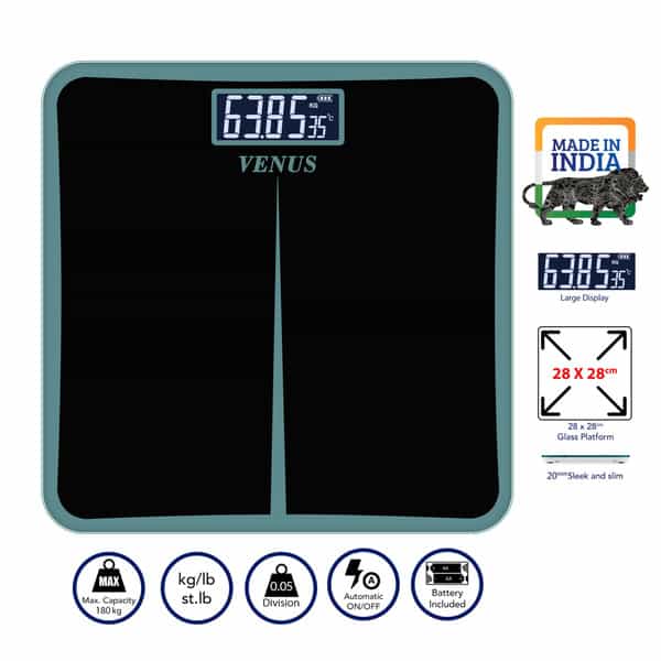 Venus (India) Electronic Digital Personal Bathroom Weight Machine | Upto 180Kg | Eps-8199-New-Black