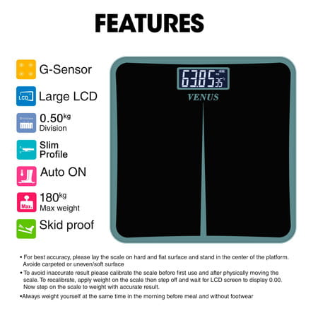 Venus (India) Electronic Digital Personal Bathroom Weight Machine | Upto 180kg | Eps-8199-New-Black