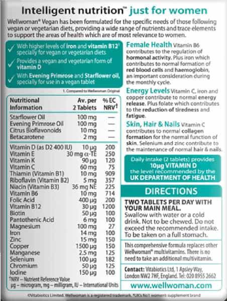 Wellwoman Vegan -Multi Vitamin & Multi Mineral For Women |Evening Primrose&Starflower Oil-30 Tabs
