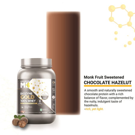 Muscleblaze Biozyme Gold 100 Whey Protein (Monk Fruit Sweetened Chocolate Hazelnut | 1kg With Shaker
