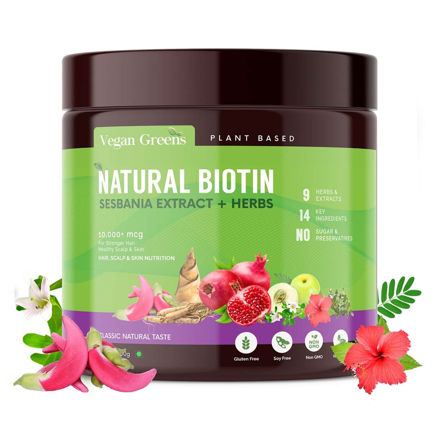 Vegan Greens Natural Plant Biotin 10,000+ Mcg Sesbania Agati, 14 Herbs & More. 100g, Classic Natural